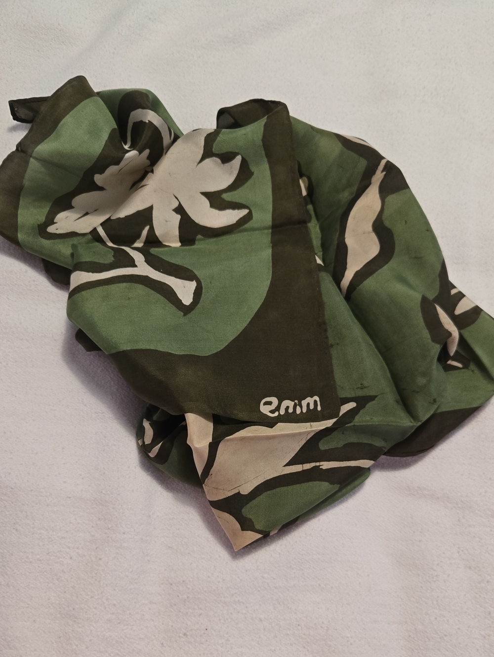 Green Floral Silk Scarf with White Accents